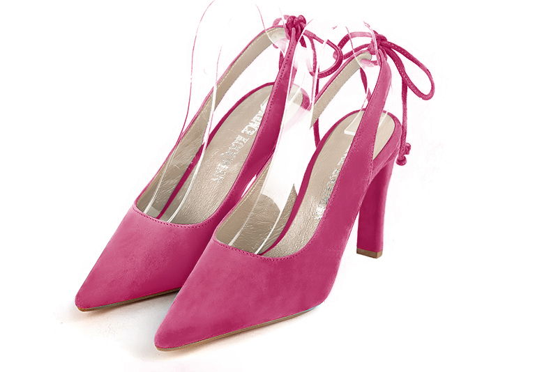 Fuschia pink women's slingback shoes. Pointed toe. High slim heel. Front view - Florence KOOIJMAN